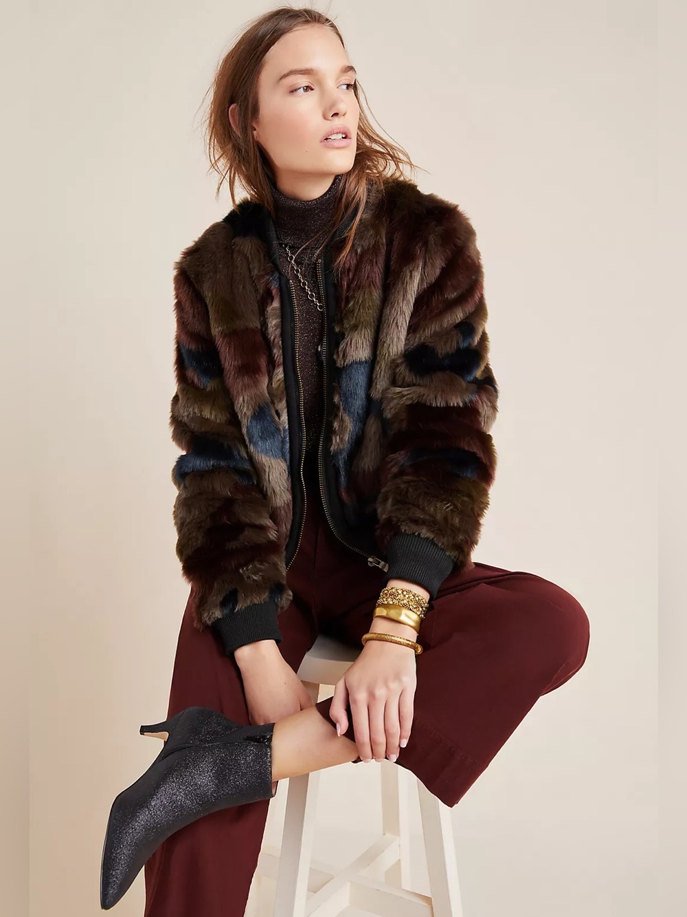 Marrakech Camo Faux Fur Bomber Jacket Size XS
